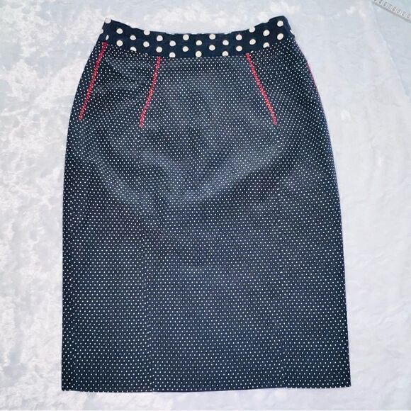 Yoana Baraschi Designer Blue White Polka Dot Skirt Red Zig Zag Stitch size 6 - Picture 1 of 7